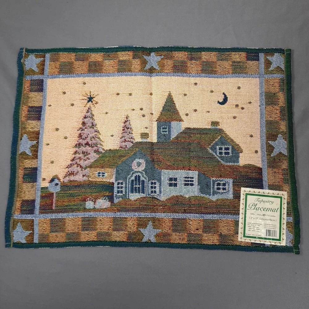 4 Christmas Tapestry Placemats Church Winter Moon Stars Country Cottagecore 90s